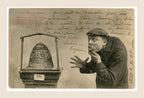 Antique Bergeret humorous postcard Oh la Tiare, showing a surprised gentleman examining the Tiara of Saitaphernes in a display case, with handwritten French correspondence.