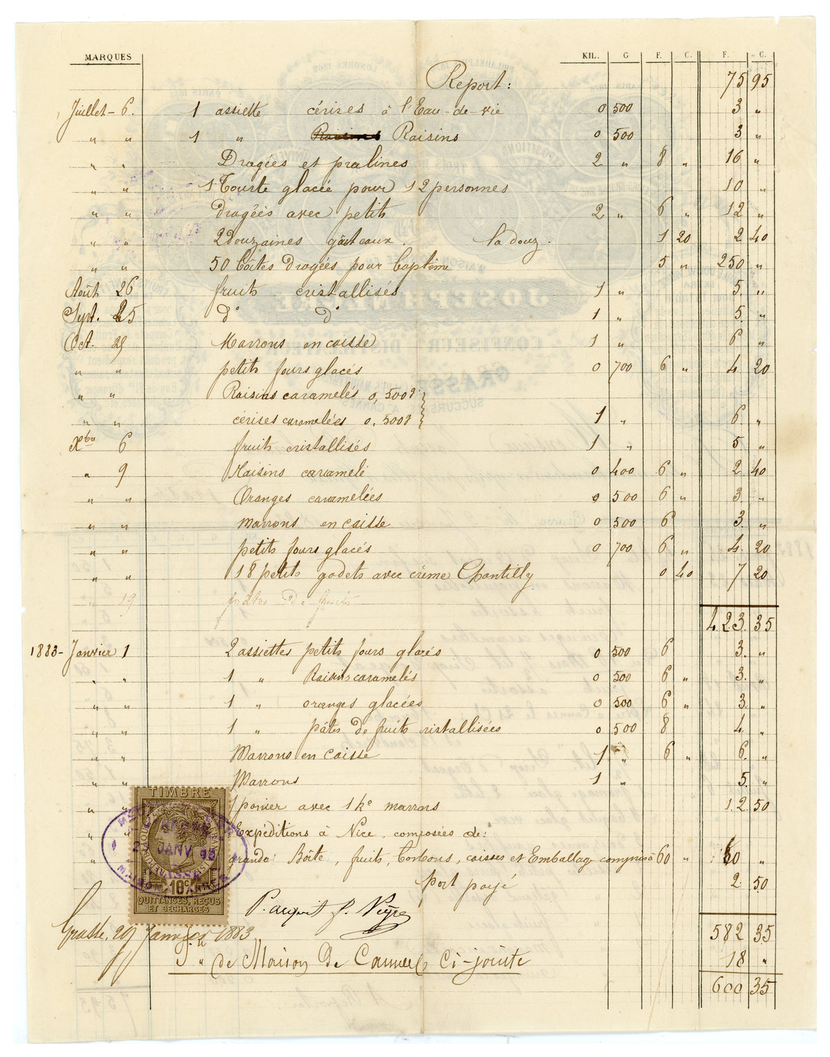 Reverse of 1883 Joseph Nègre invoice with handwritten accounts and fiscal stamp