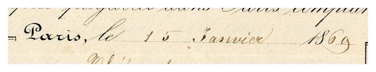 Close-up of handwritten entries on 1869 French tea trade invoice