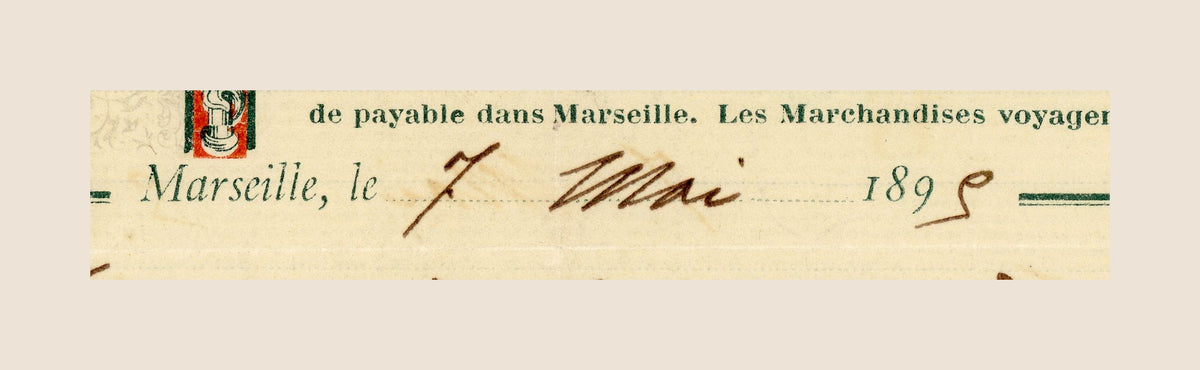 Close-up of handwritten entries on antique French sanitary ware invoice
