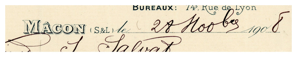 Close-up of handwritten entries on 1908 French metalware invoice