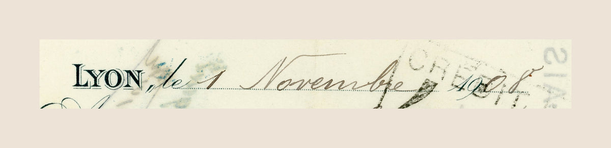Handwritten date line on Tollet & Drevet bill of exchange, Lyon, 7 November 1908