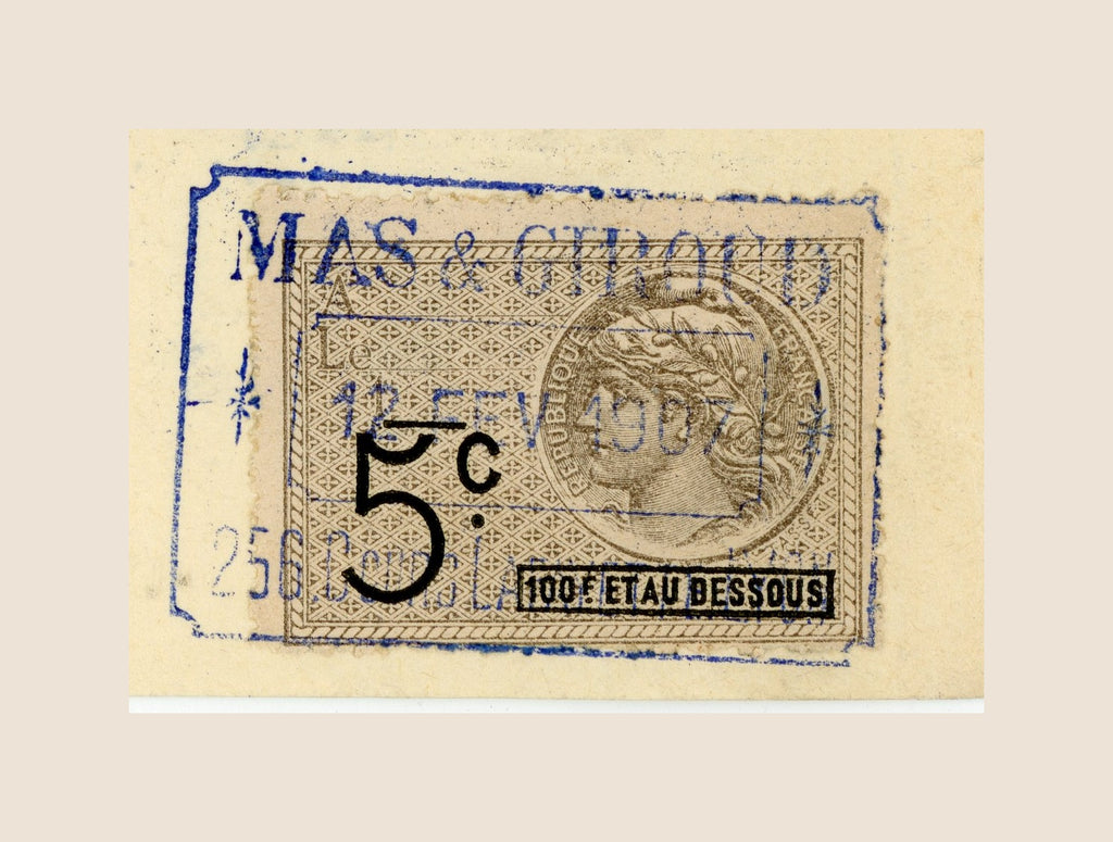 Close-up of original 5-centime French fiscal stamp on a 1907 Mas & Giroud bill of exchange