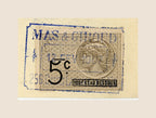 Close-up of original 5-centime French fiscal stamp on a 1907 Mas & Giroud bill of exchange