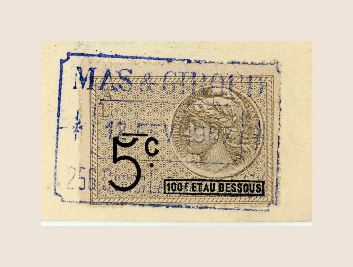 Close-up of original 5-centime French fiscal stamp on a 1907 Mas & Giroud bill of exchange