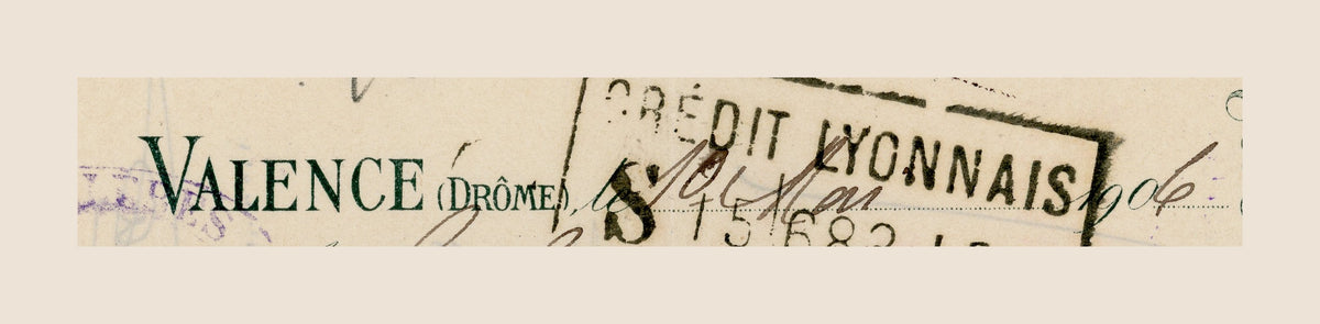 Valence, Drôme heading and Crédit Lyonnais bank stamp on 1906 French commercial document