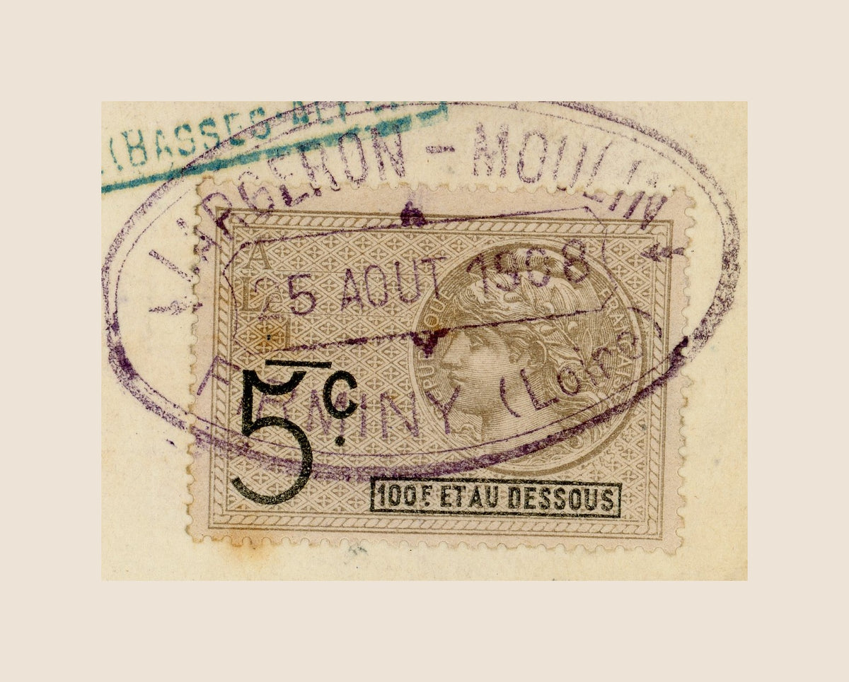 Original 5-centime French fiscal stamp with 1908 cancellation on Largeron-Moulin bill of exchange