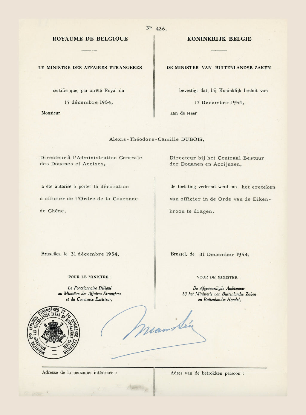 Belgian bilingual certificate authorizing Alexis Dubois to wear the insignia of Officer of the Order of the Oak Crown, 31 December 1954