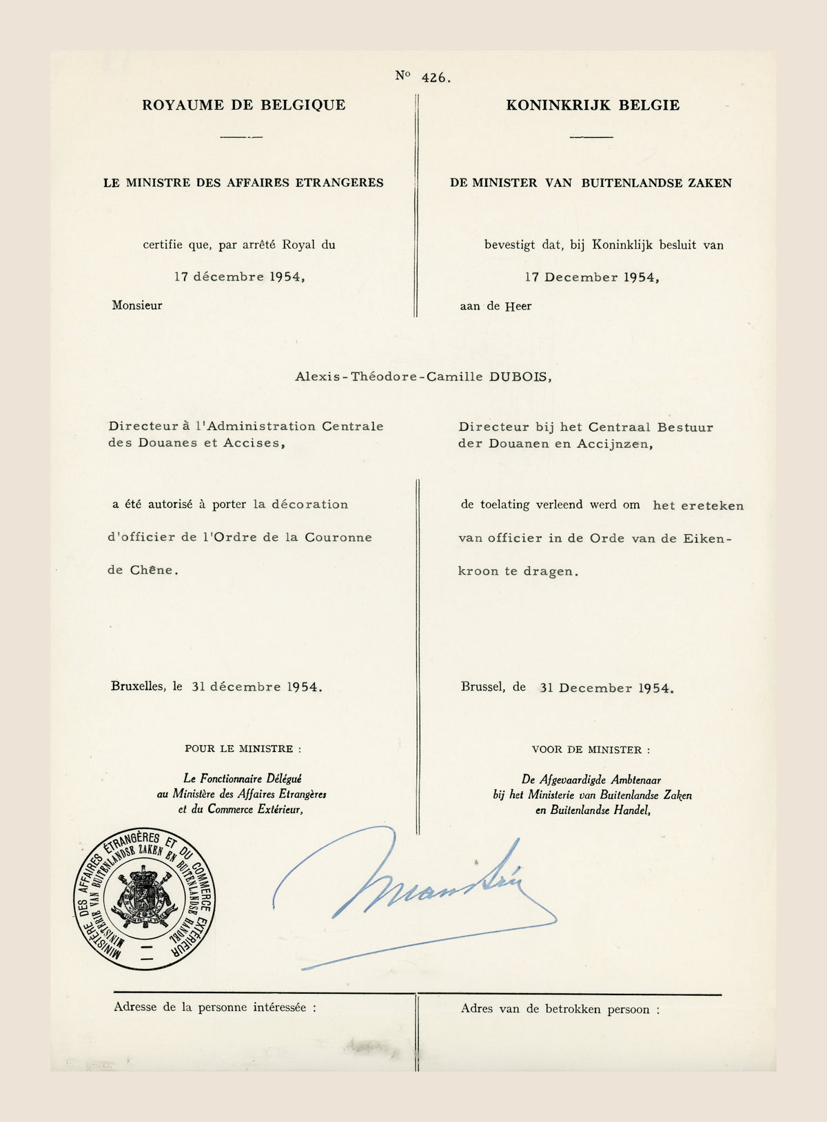Belgian bilingual certificate authorizing Alexis Dubois to wear the insignia of Officer of the Order of the Oak Crown, 31 December 1954