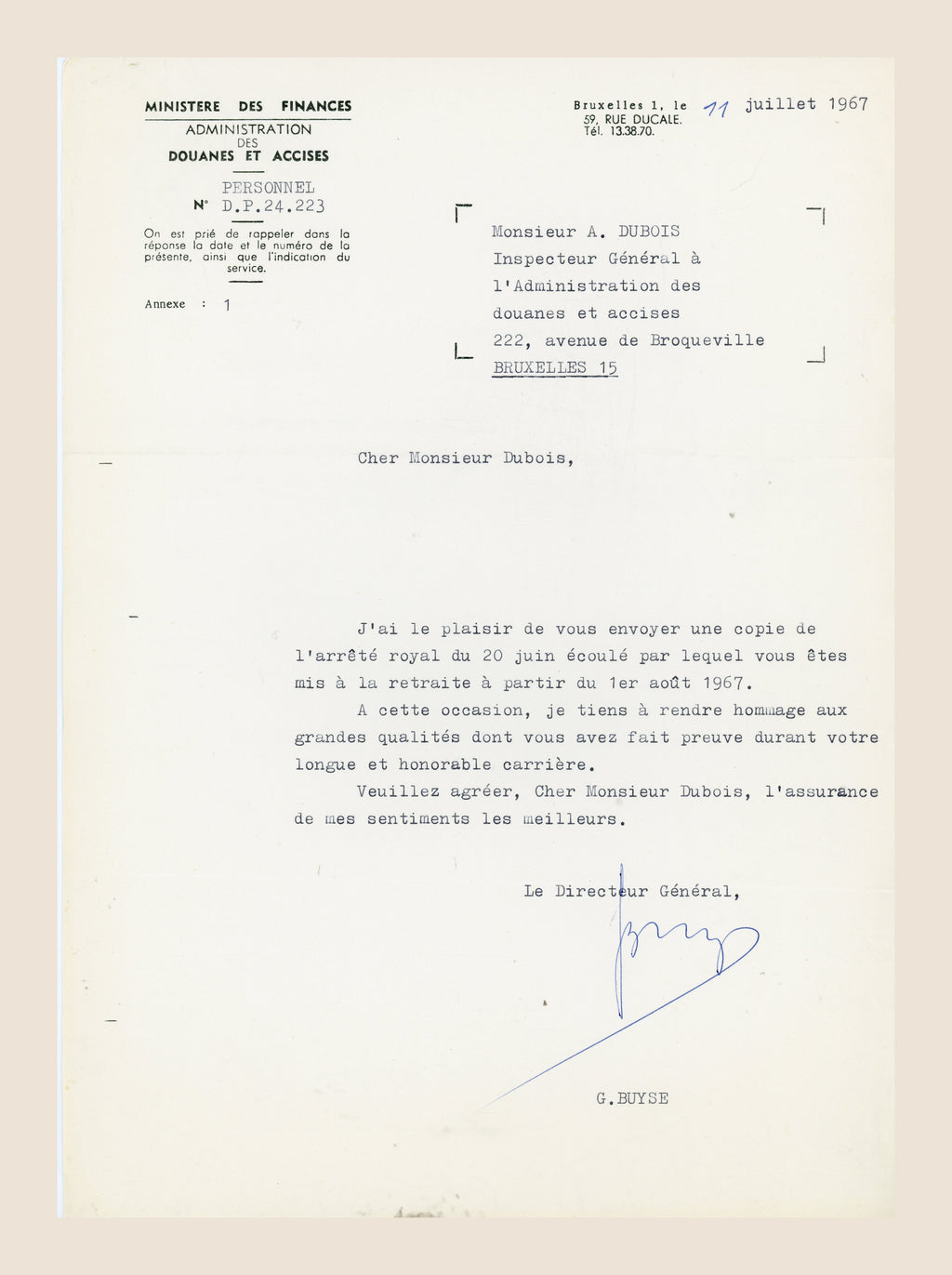 Official 11 July 1967 letter from G Buyse honouring Alexis Dubois at the end of his Belgian customs career