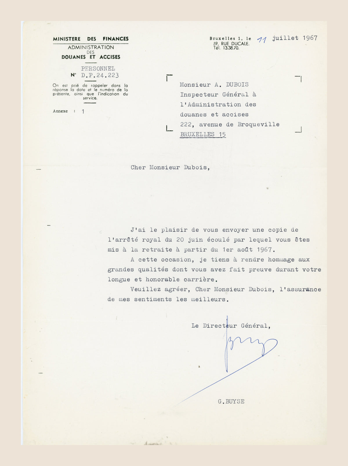 Official 11 July 1967 letter from G Buyse honouring Alexis Dubois at the end of his Belgian customs career
