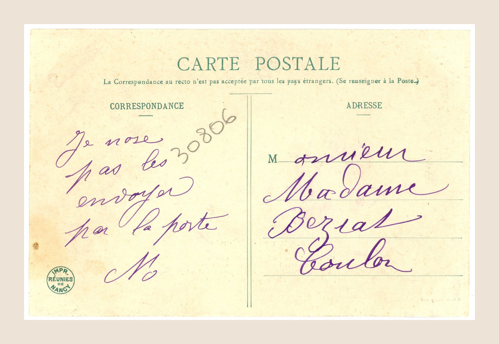 Reverse of vintage Bergeret Brune ou Blonde postcard number 3 with handwritten French message in purple ink and original divided postcard back.