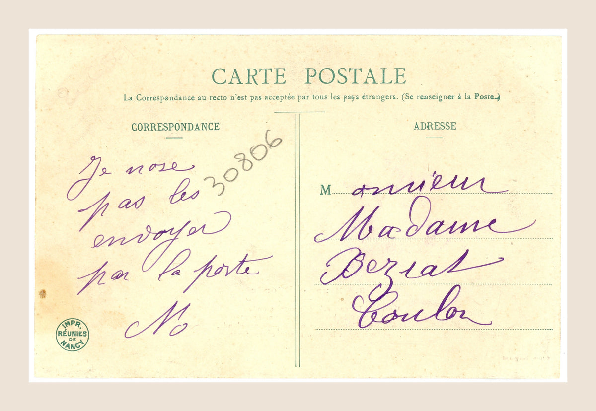 Reverse of vintage Bergeret Brune ou Blonde postcard number 3 with handwritten French message in purple ink and original divided postcard back.