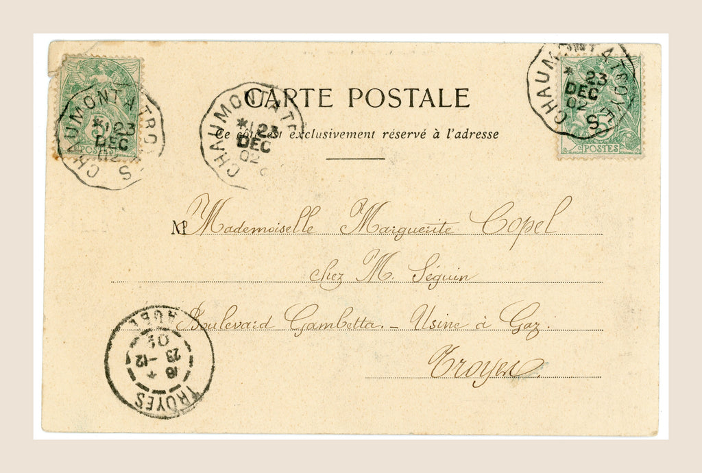 Reverse of Bergeret Autumn postcard with two green 5 centimes French postage stamps, December 1902 postmarks and handwritten address to Troyes.