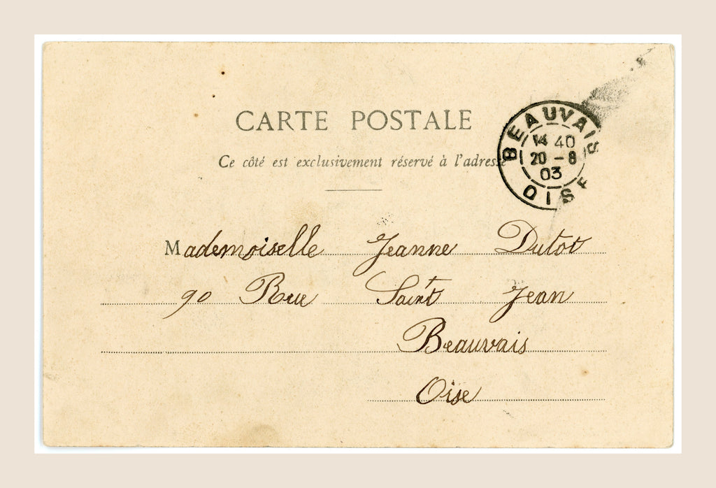 Reverse of Albert Bergeret Smell postcard with handwritten address to Beauvais, French 1903 postal cancellation and natural antique paper wear.