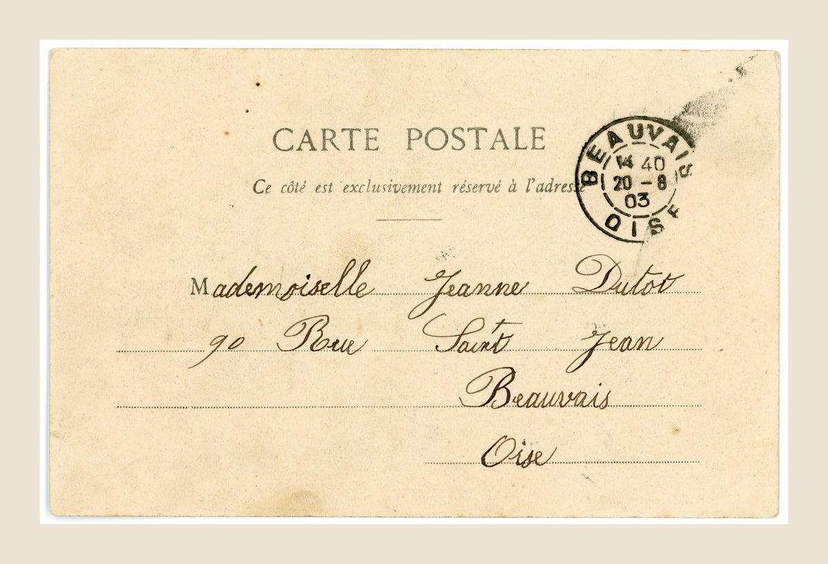 Reverse of Albert Bergeret Smell postcard with handwritten address to Beauvais, French 1903 postal cancellation and natural antique paper wear.