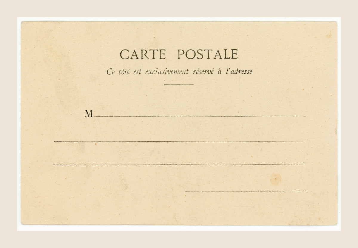 Blank reverse of Albert Bergeret Le Petit Trottin postcard number 3, with printed French Carte Postale address lines and natural foxing.
