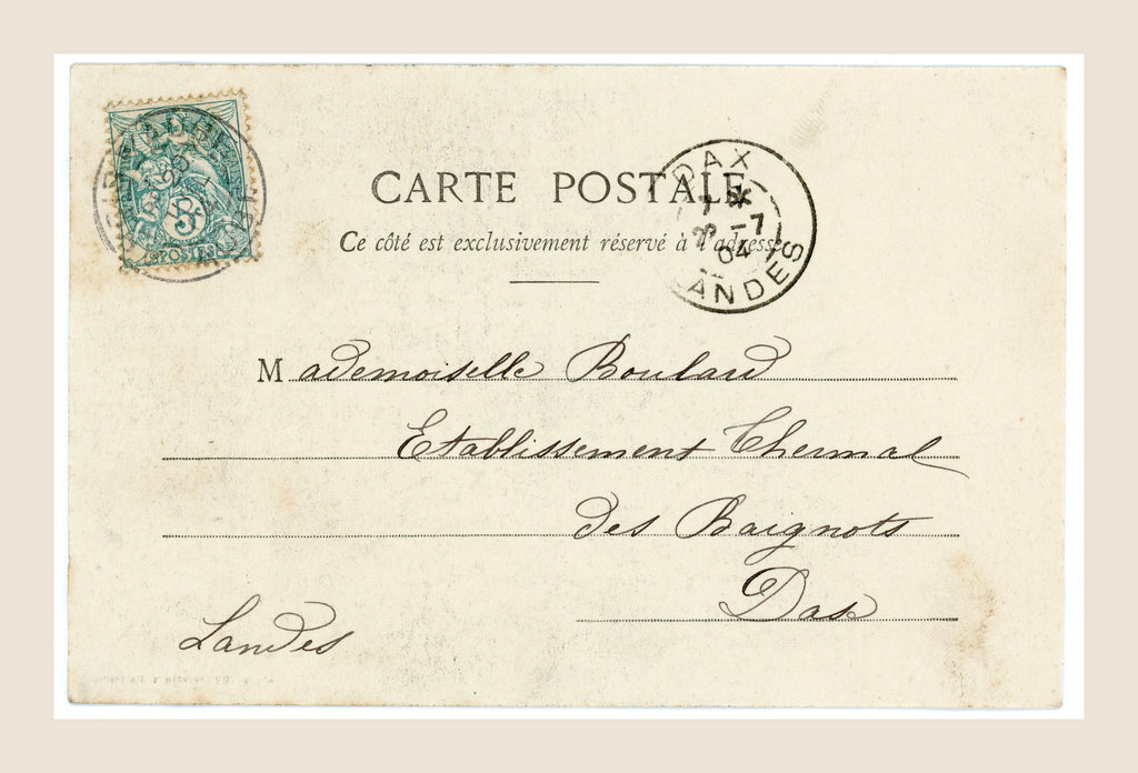 Reverse of original Bergeret postcard number 3 with green 5 centimes French stamp, handwritten address to Dax and early 1900s postal markings.