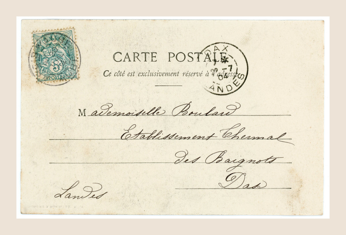 Reverse of original Bergeret postcard number 3 with green 5 centimes French stamp, handwritten address to Dax and early 1900s postal markings.