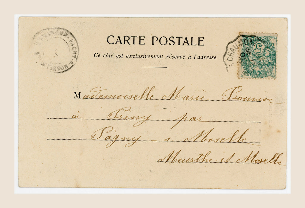 Reverse of Albert Bergeret Le Converti antique French postcard with original green 5 centimes stamp, handwritten address and postal cancellation.