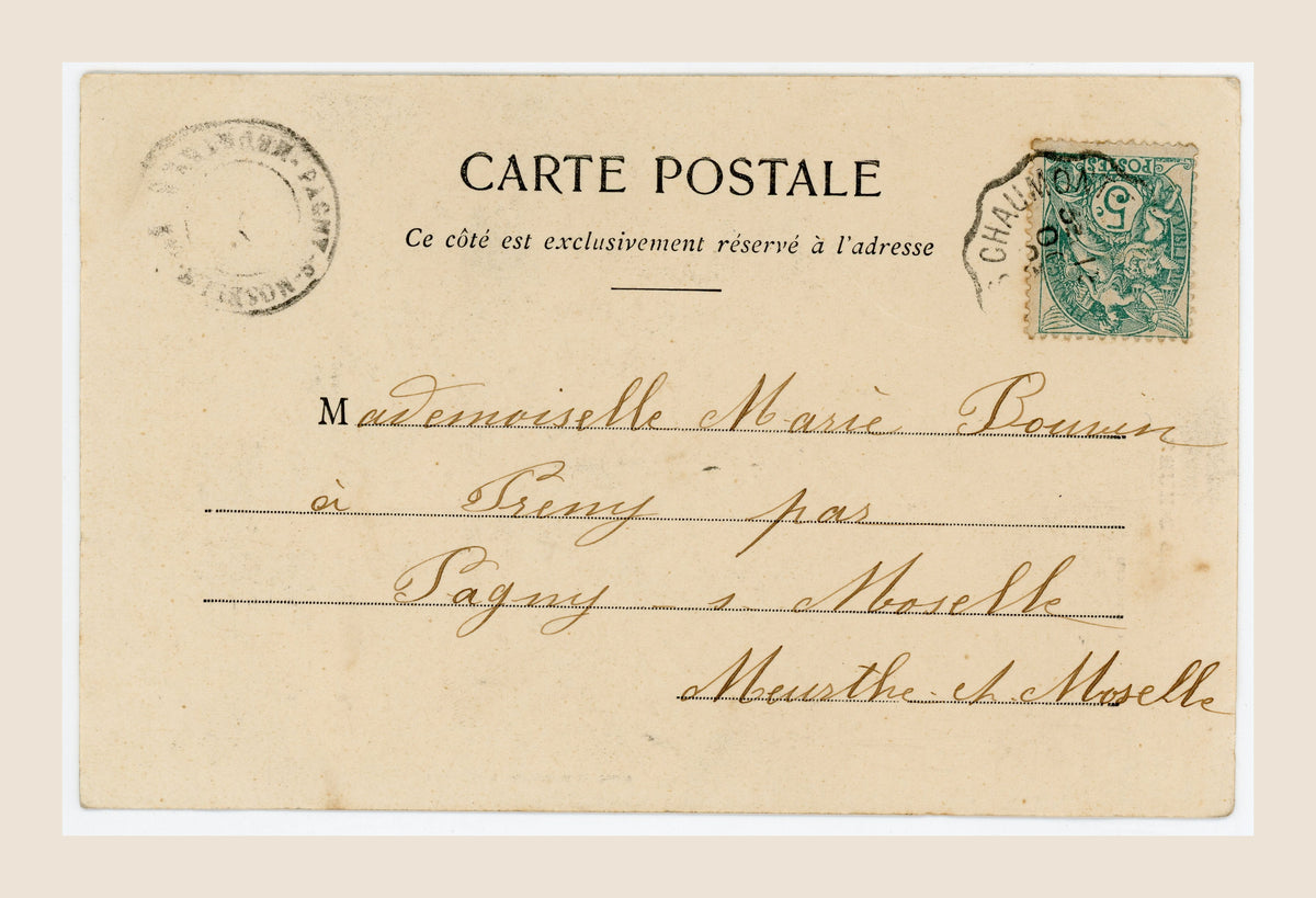 Reverse of Albert Bergeret Le Converti antique French postcard with original green 5 centimes stamp, handwritten address and postal cancellation.