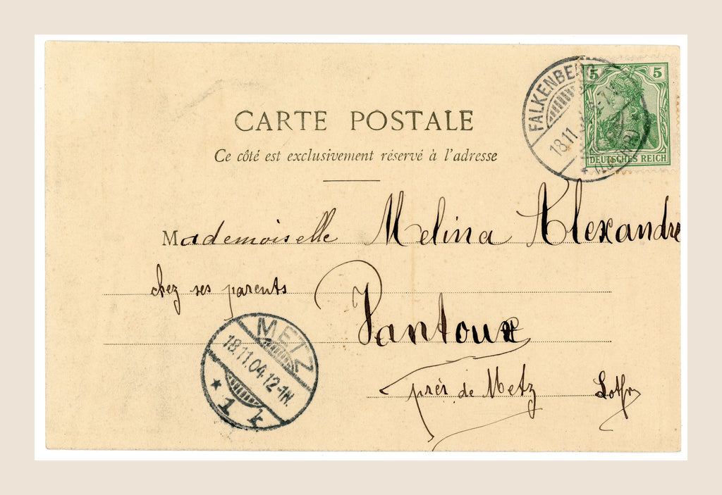 Reverse of French Belle Époque Bergeret postcard No. 3, addressed to Melina Alexandre near Metz, with original German postage stamp and historic postal cancellations.