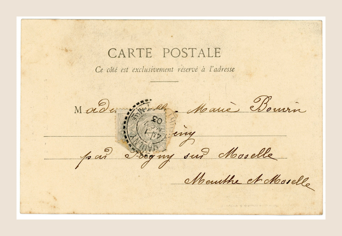 Reverse of antique French Bergeret postcard No. 3 showing handwritten address, original postage stamp and 1903 postmark.