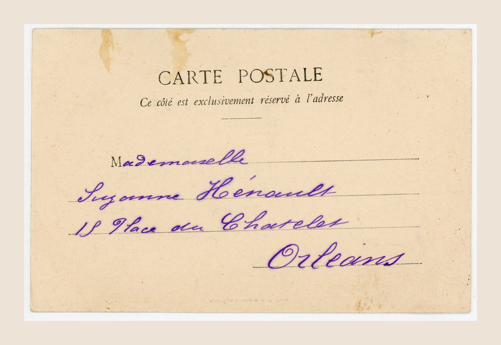 Back of antique Bergeret Les Voyelles letter I postcard with original purple handwritten address and aged paper.
