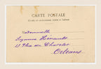 Back of antique Bergeret Les Voyelles letter I postcard with original purple handwritten address and aged paper.