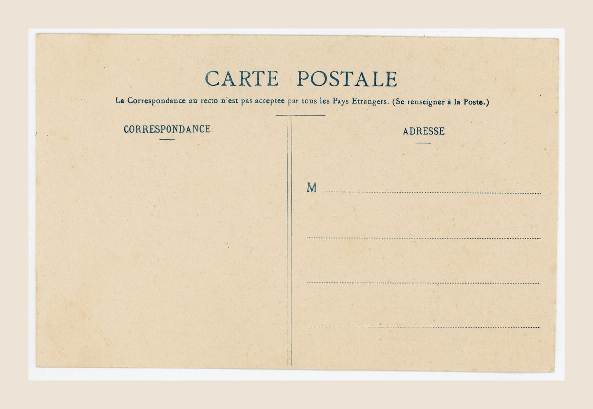 Reverse of antique French Bergeret postcard La Charité, with original blue printed correspondence and address fields, unused postal stationery circa 1905.