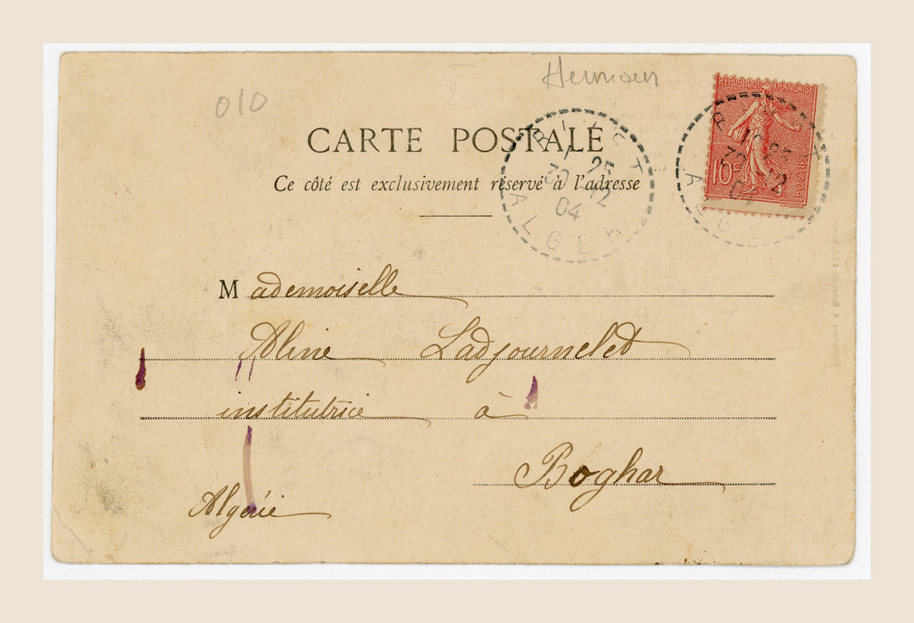 Reverse of antique French Tiara of Saitaphernes postcard addressed to Alsace, with original handwriting, red 10-centime French postage stamp and historic postal cancellation.