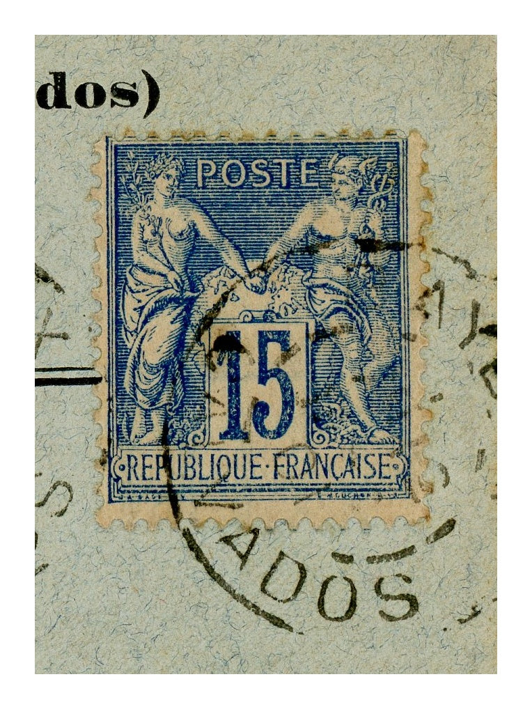 French 15-centime postage stamp and postal cancellation on 1901 envelope