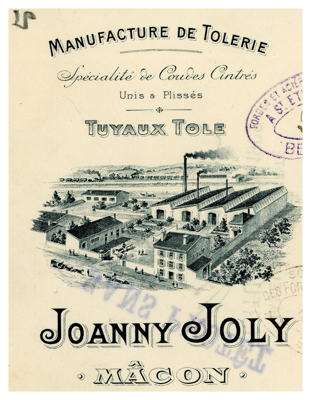 Joanny Joly factory illustration on antique French industrial letterhead
