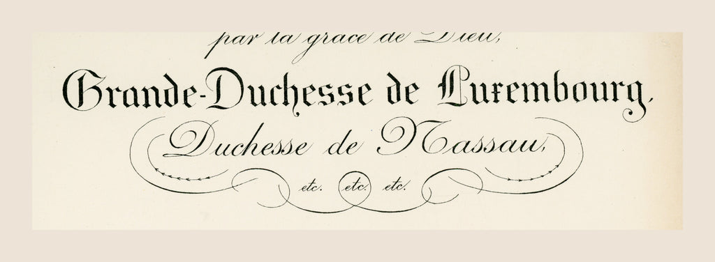 Detail of the Luxembourg Order of the Oak Crown diploma with ornate Grand Duchess of Luxembourg heading, 1954