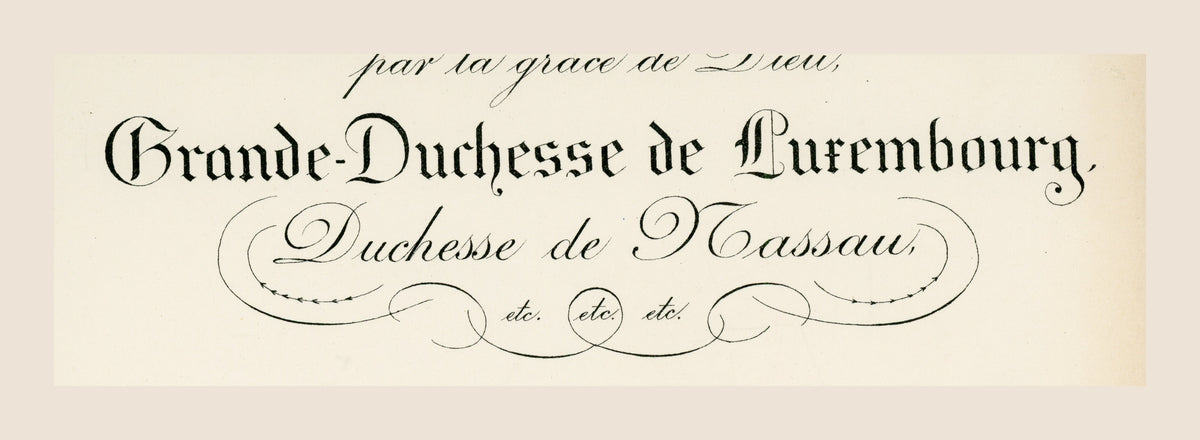 Detail of the Luxembourg Order of the Oak Crown diploma with ornate Grand Duchess of Luxembourg heading, 1954