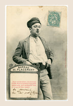 Humorous Belle Époque Bureau de Placement postcard by Albert Bergeret showing a young man in cap with cigarette and green 5 centimes stamp.