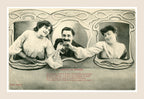 Brune ou Blonde postcard number 4 by Bergeret, humorous Belle Époque romantic scene showing a gentleman holding hands with two women.