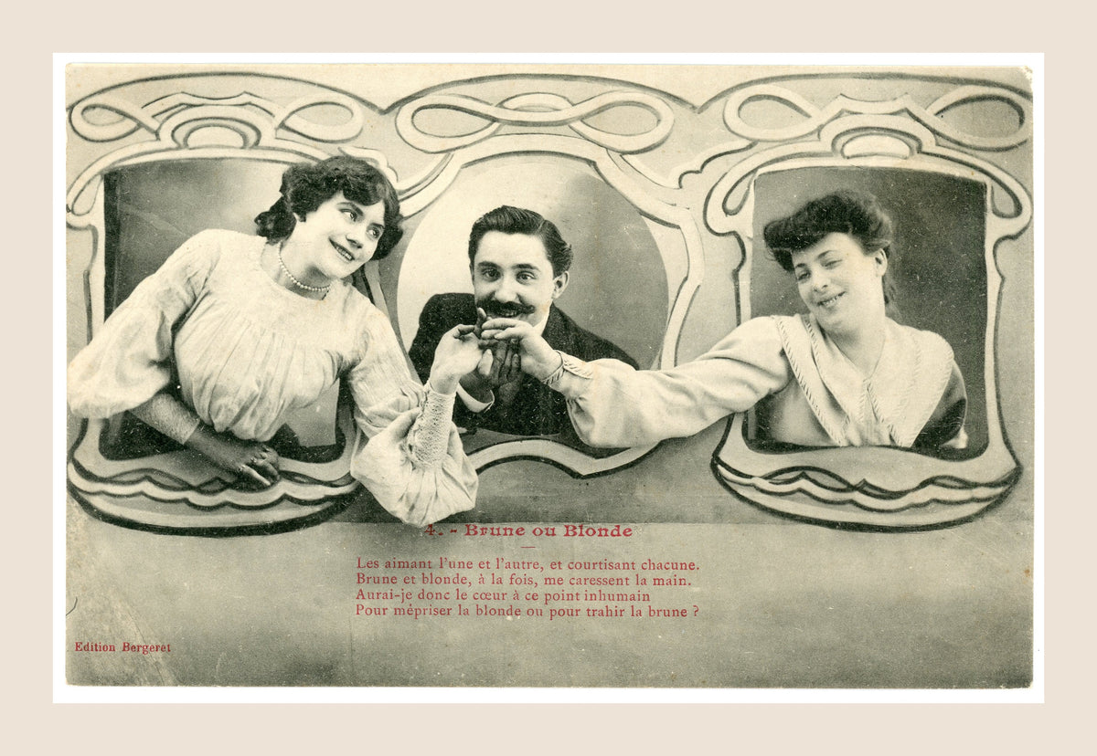 Brune ou Blonde postcard number 4 by Bergeret, humorous Belle Époque romantic scene showing a gentleman holding hands with two women.