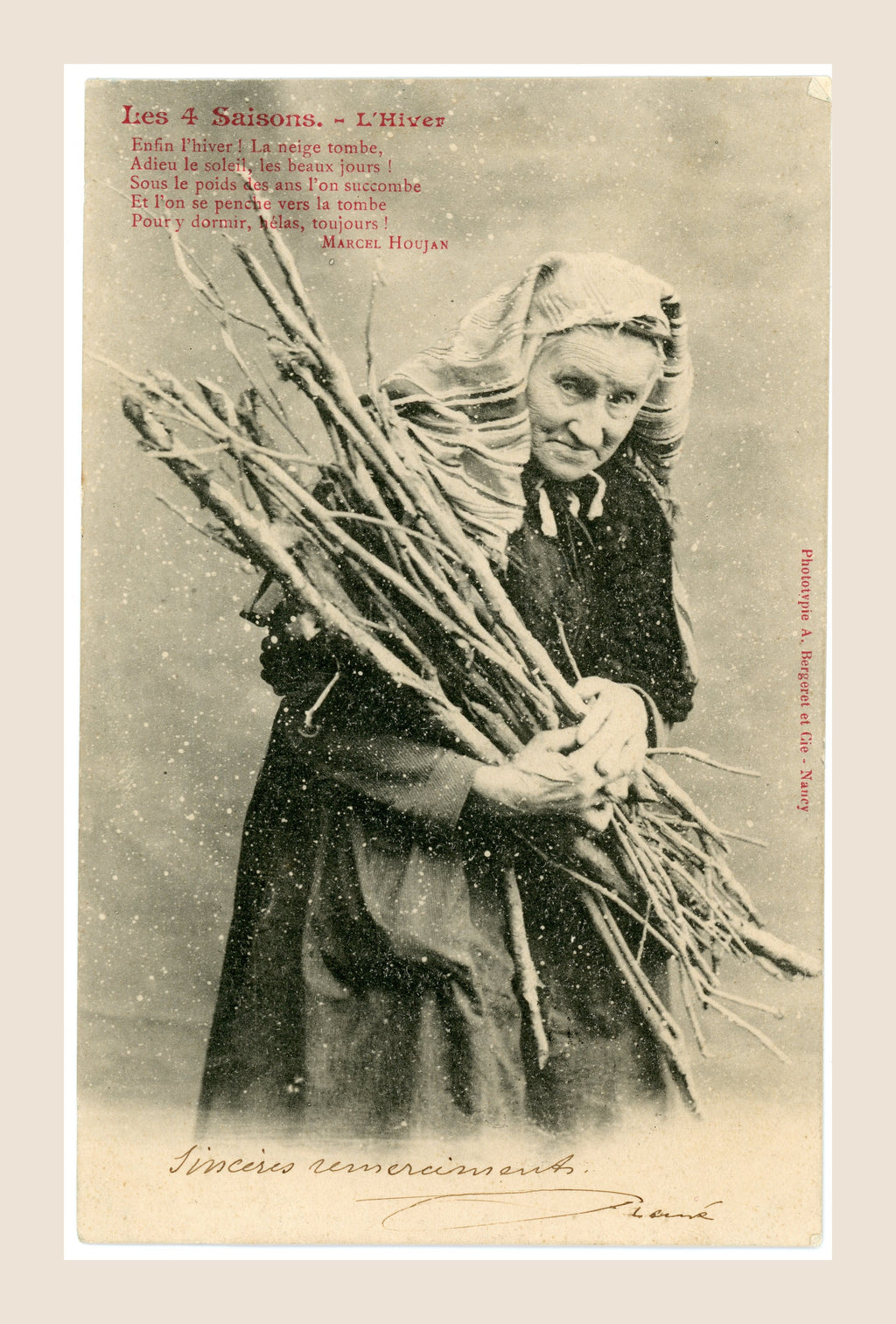 Antique Bergeret Les 4 Saisons L'Hiver French postcard showing an elderly woman carrying firewood in falling snow, with poem by Marcel Houjan, circa 1903.