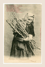Antique Bergeret Les 4 Saisons L'Hiver French postcard showing an elderly woman carrying firewood in falling snow, with poem by Marcel Houjan, circa 1903.