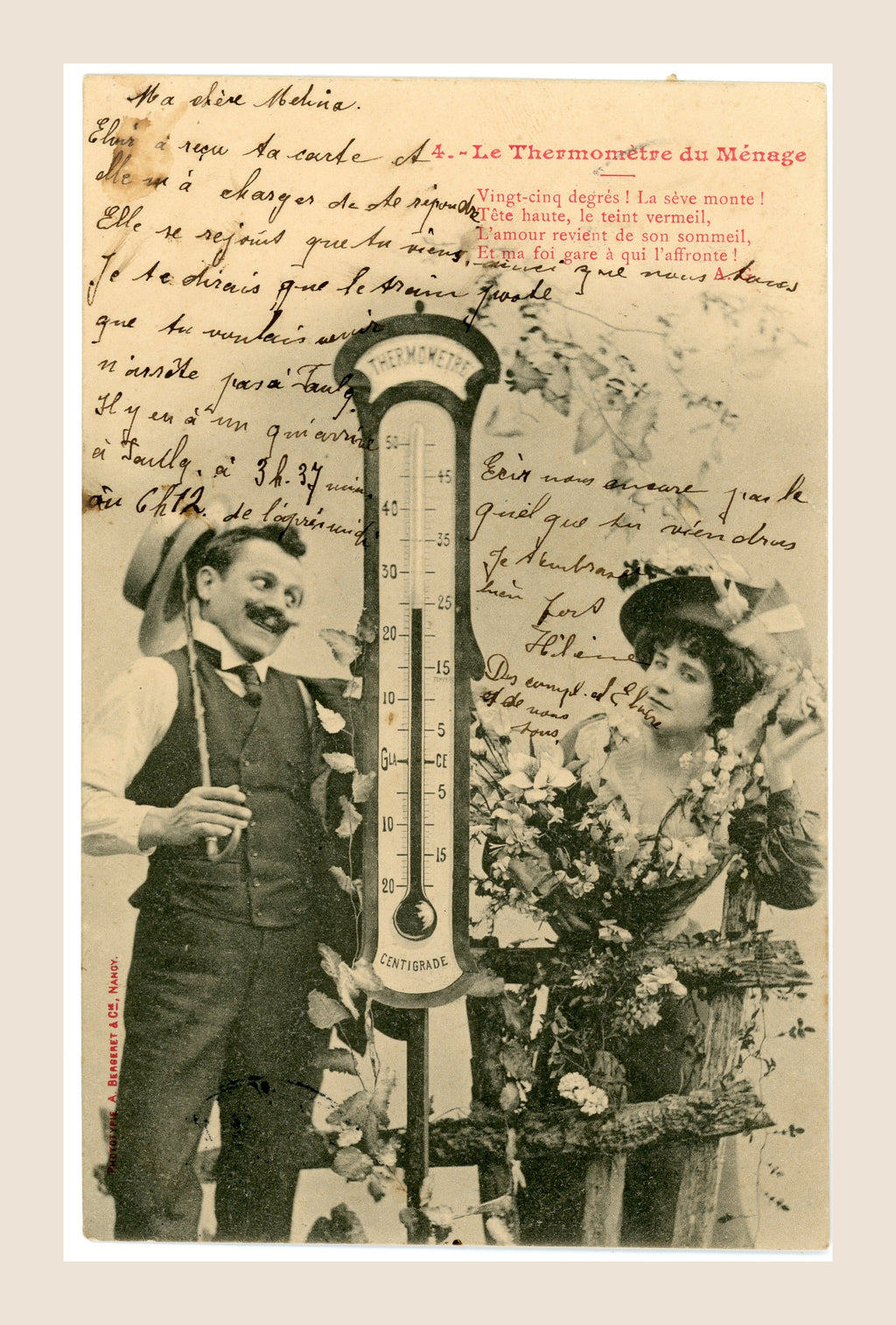Le Thermomètre du Ménage No. 4 by Albert Bergeret, antique romantic postcard depicting a gentleman and fashionable woman beside a thermometer, with flowers and handwritten message.
