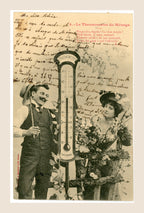 Le Thermomètre du Ménage No. 4 by Albert Bergeret, antique romantic postcard depicting a gentleman and fashionable woman beside a thermometer, with flowers and handwritten message.