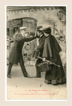 Antique French Bergeret postcard Le Train de Plaisir No. 4, humorous scene of passengers attempting to board a departing train.