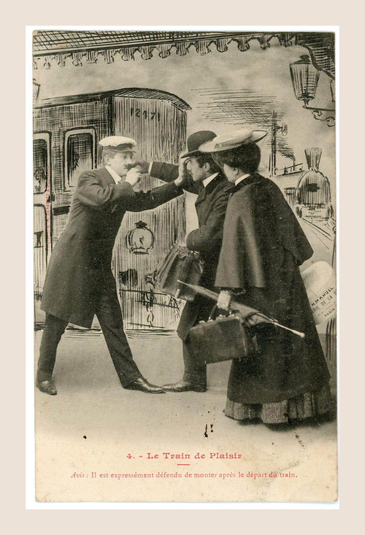 Antique French Bergeret postcard Le Train de Plaisir No. 4, humorous scene of passengers attempting to board a departing train.