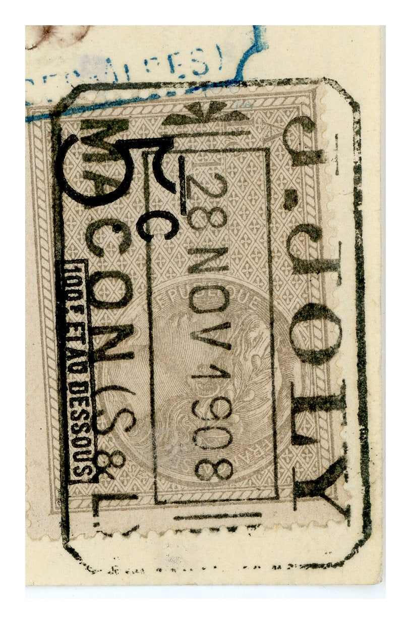 Fiscal stamp and endorsement on 1908 French bill of exchange