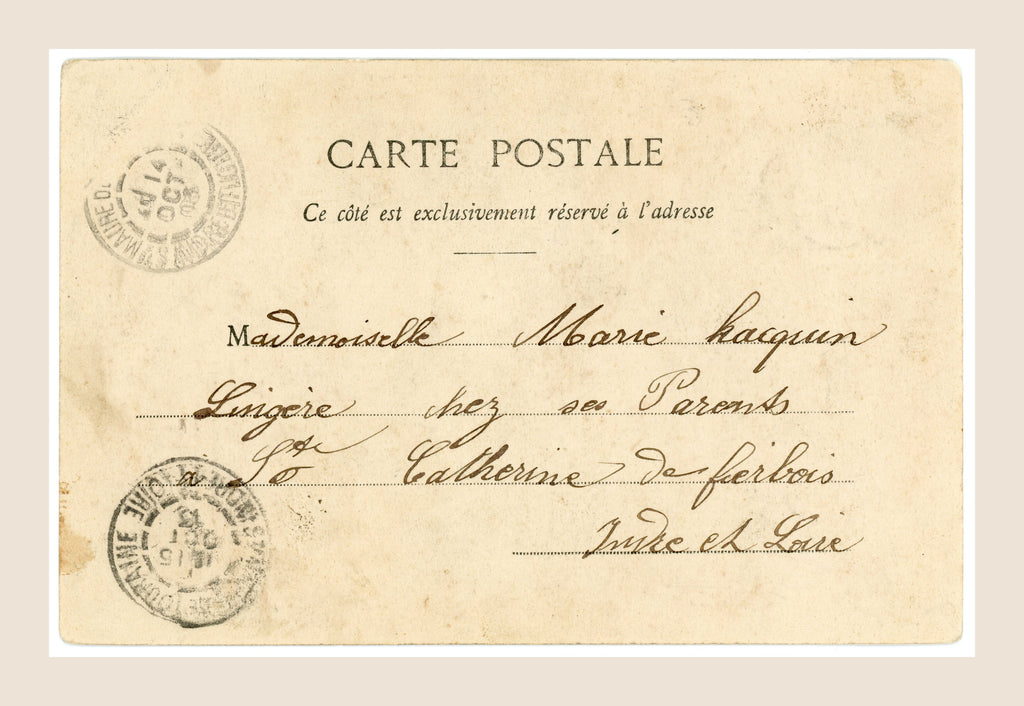 Reverse of an Albert Bergeret French antique postcard with handwritten address, early 1900s postal cancellations and original aged paper.