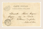 Reverse of an Albert Bergeret French antique postcard with handwritten address, early 1900s postal cancellations and original aged paper.