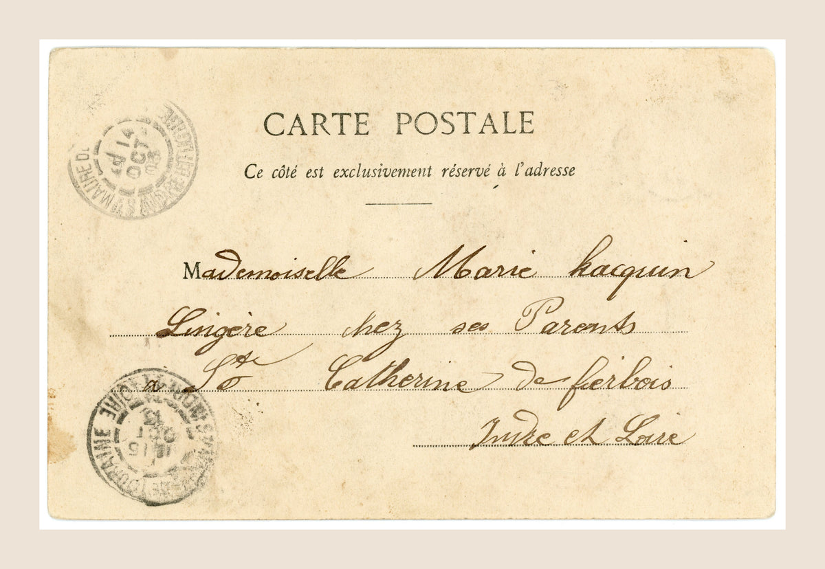 Reverse of an Albert Bergeret French antique postcard with handwritten address, early 1900s postal cancellations and original aged paper.