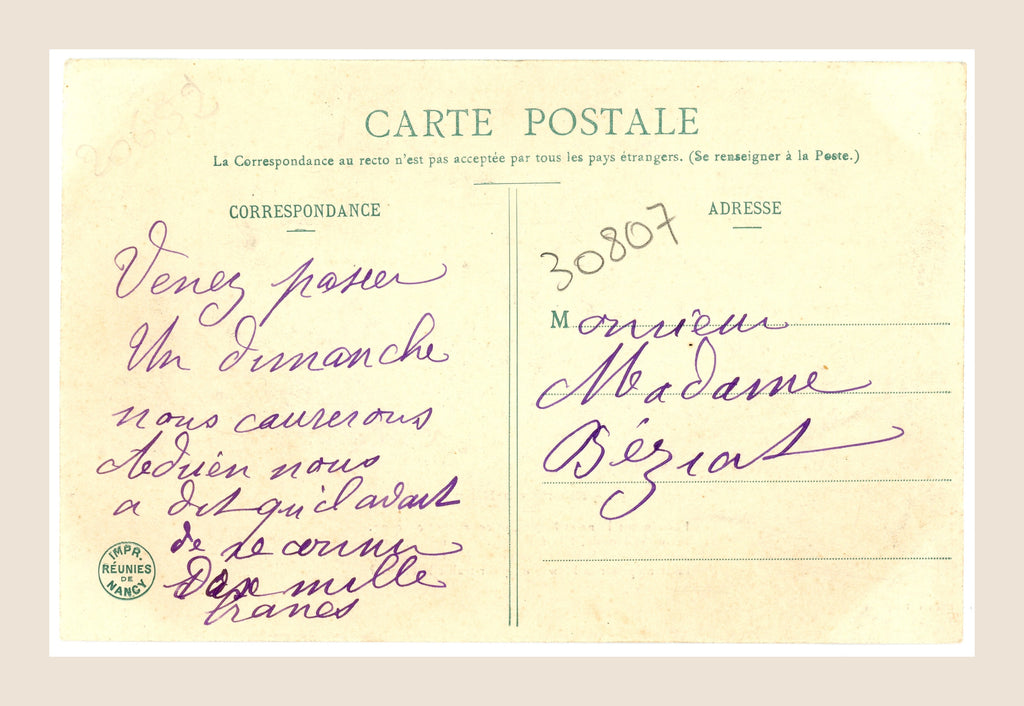 Reverse of Bergeret antique French postcard number 4, showing purple handwritten correspondence, address and early 20th-century printed postcard details.