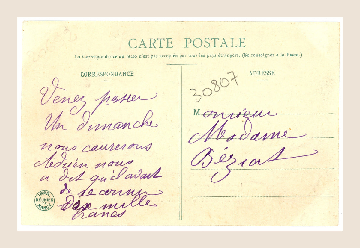 Reverse of Bergeret antique French postcard number 4, showing purple handwritten correspondence, address and early 20th-century printed postcard details.